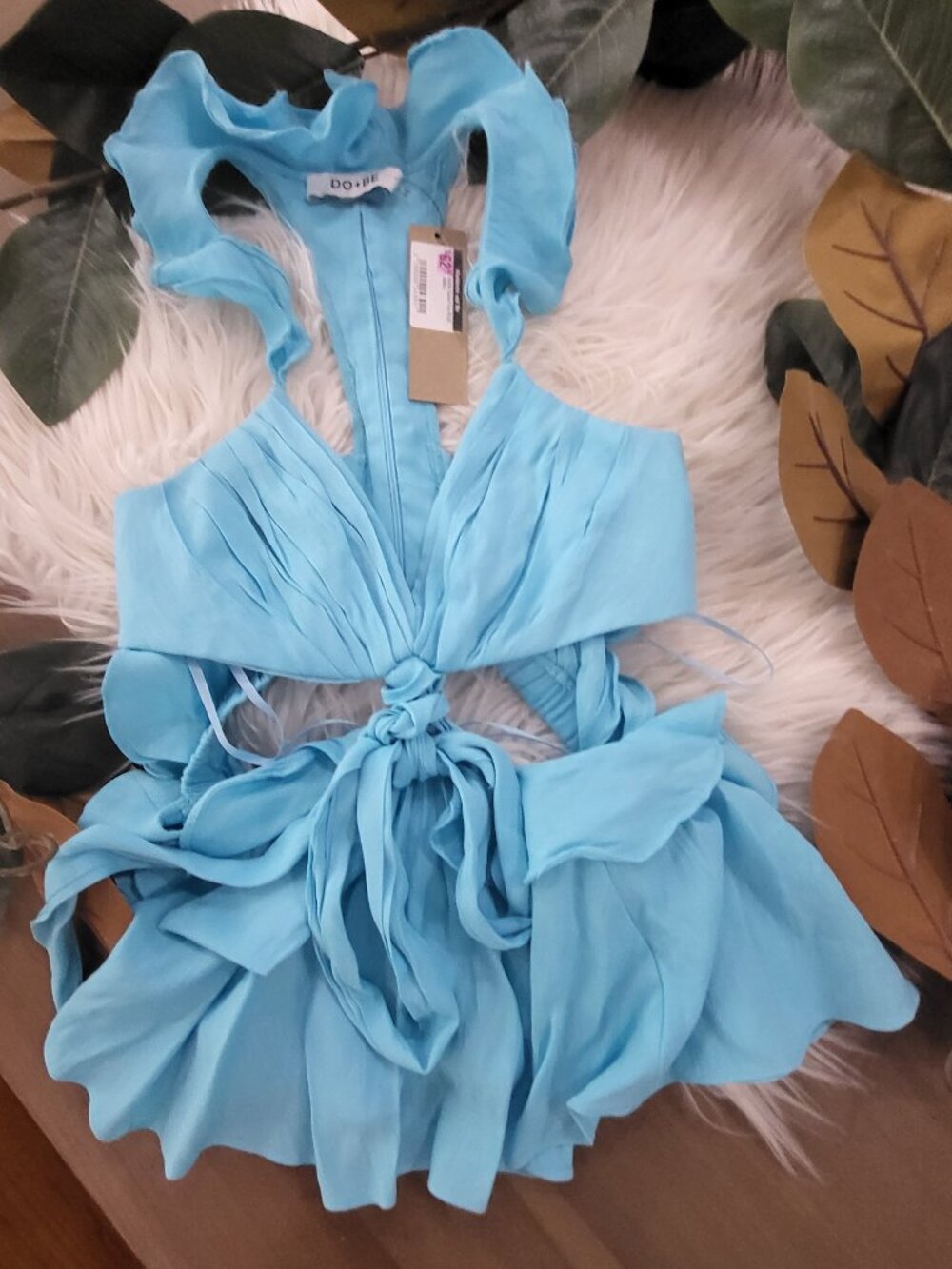 DO + BE Sky Blue Ruffle Cutout TOP NWT Size Small Fairy Tie Sexy Spandex Blend